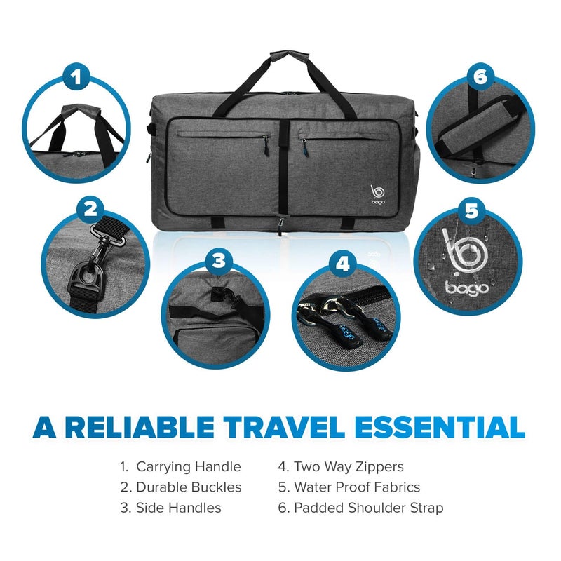 Bago Large Foldable Duffel Bags for Traveling Women & Men - 100L Packable Duffle Bag for Travel with Shoe Compartment - Water Repellant, Heavy Duty, Lightweight Folding & Collapsible (SnowBlack) - Image 3